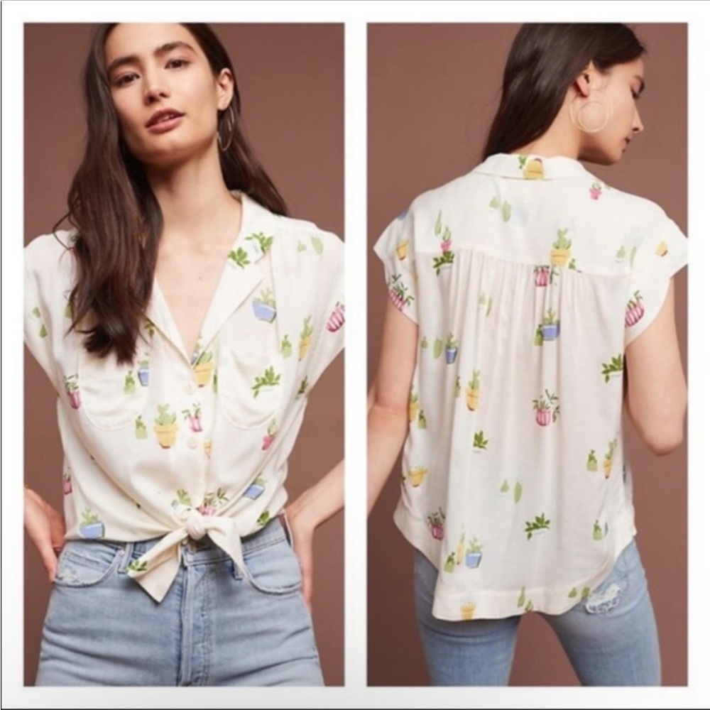 Maeve Anthropologie Cactus Print Potted Plant Button Down Top